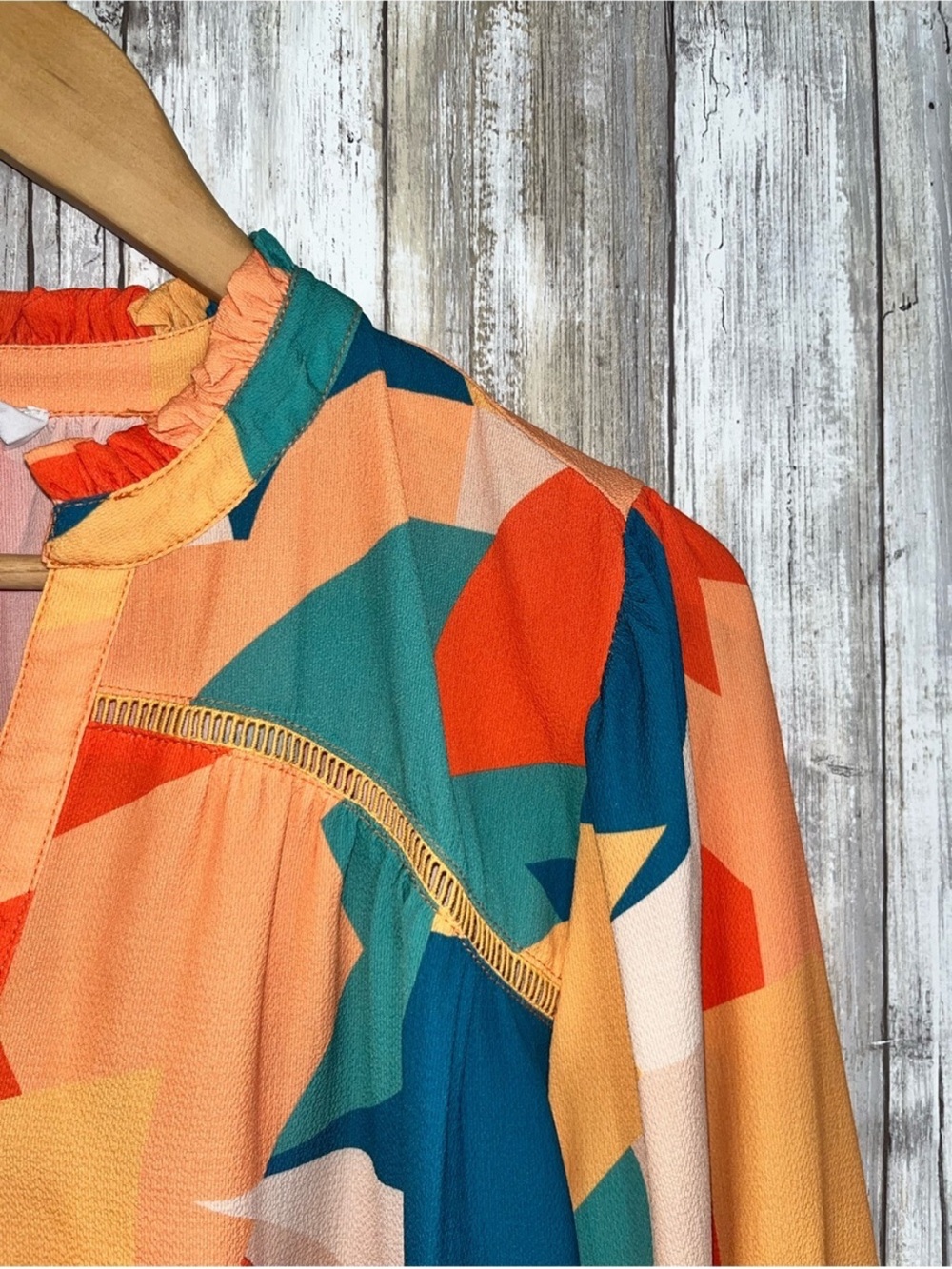Fate Abstract Print Blouse Women’s Large Colorful Boho Long Sleeve Ruffle Neck - Picture 3 of 6